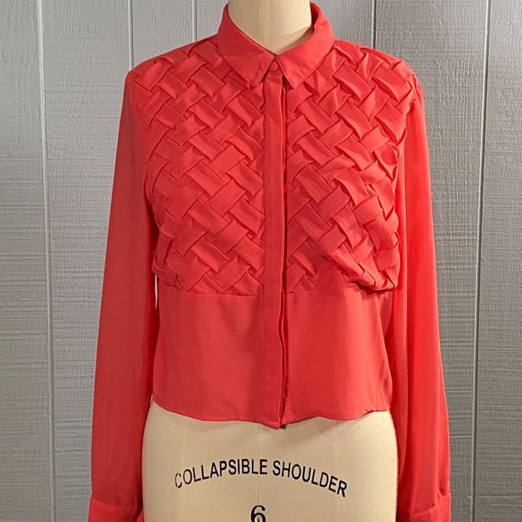 ASOS Hot Pink Semi Sheer Cropped Pleated Top Shirt - Picture 1 of 6